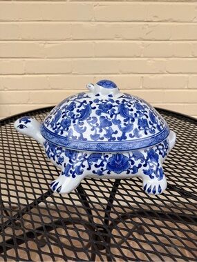 Vintage Bombay Co. Blue & White Turtle Porcelain Tureen